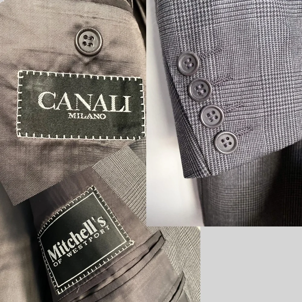 Canali Wool Gray Double Breasted Houndstooth Check Blazer Tuxedo Sport Coat 52S
